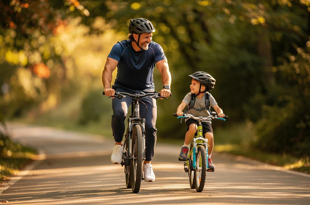 A man in his mid-40s laughs while cycling on a tree-lined trail with his young child riding alongside him on a smaller bike.