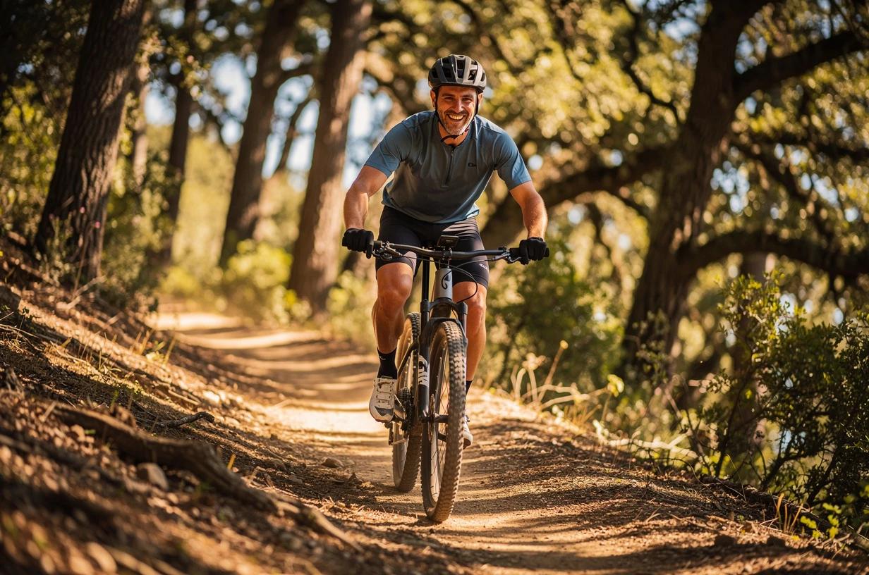 A happy, energetic man in his early 40s cycling on a sun-drenched trail through a forest, grinning as he crests a hill.