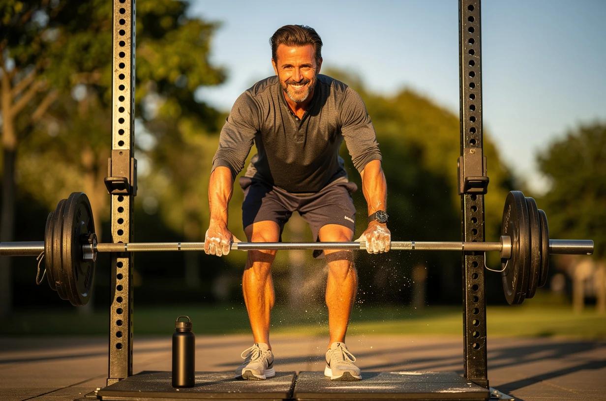 A fit man in his early 40s grins while loading a barbell at an outdoor weight rack on a sunny morning, chalk on his hands and a water bottle beside him.