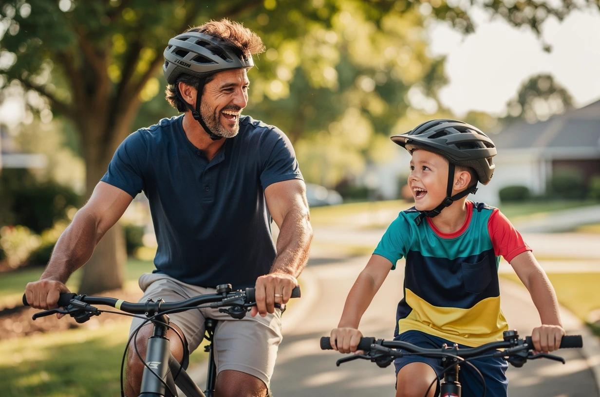 A man in his mid-40s laughing with his son while cycling on a sunny suburban trail, both wearing helmets and casual athletic gear.