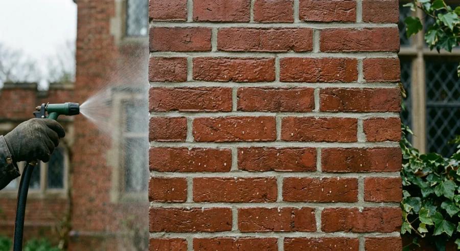 Nærbilde av en profesjonell fagarbeider som varsomt vasker en teglsteinsfasade ved bruk av kontrollert lavtrykk for å beskytte de gamle murfugeforbindelsene
