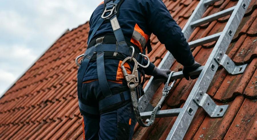En profesjonell montør i fallsikringssele som inspiserer en solid montert, galvanisert takstige på et skrått tak med røde takstein.