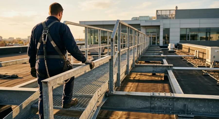 En profesjonell servicetekniker med fallsikringssele og hjelm som inspiserer en solid, fastmontert takbro i galvanisert stål på et moderne næringsbygg