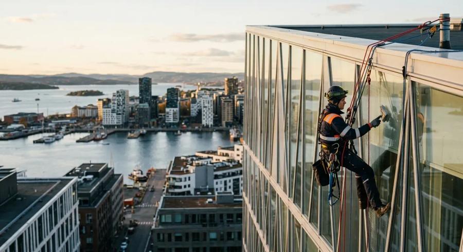 En profesjonell klatrer i fullt fallsikringsutstyr hengende i tau nedover en moderne glass- og aluminiumsfasade, med Oslofjorden og Barcoderekka synlig i bakgrunnen