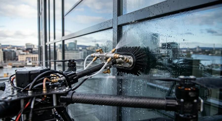 En høyteknologisk vaskedrone i aksjon mot en moderne glass- og metallfasade på et høyt næringsbygg i Oslo
