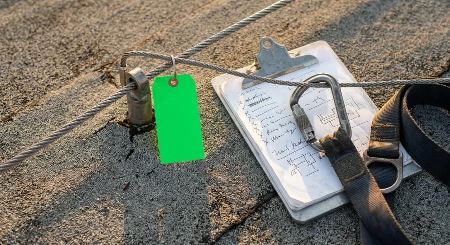 En detaljert inspeksjonsrapport med en godkjenningsetikett festet på en solid fallsikringswire, med en uklar bakgrunn av takflaten på et næringsbygg