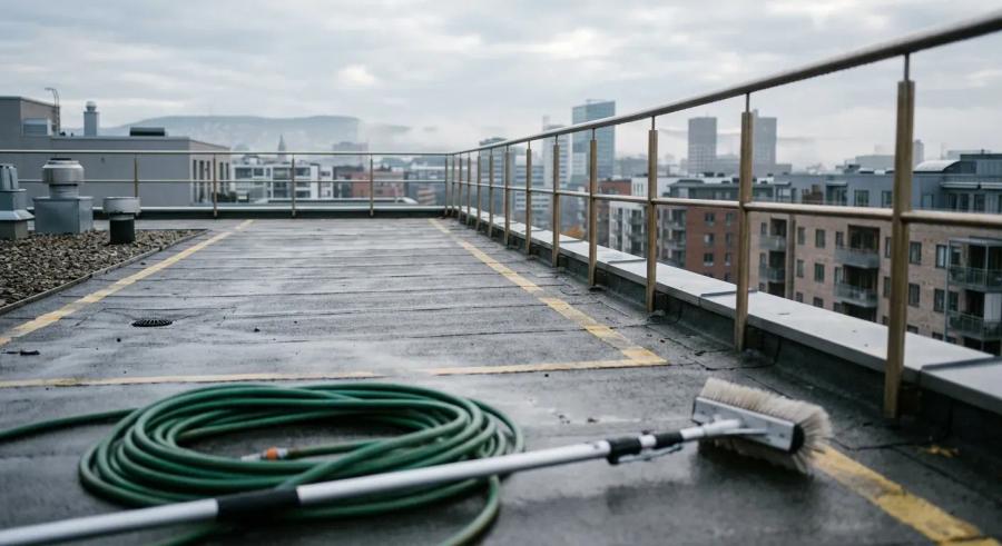 Et oversiktsbilde av et stort, flatt tak på et moderne boligbygg i Oslo, utstyrt med solide rekkverk langs kantene og gule markeringslinjer.