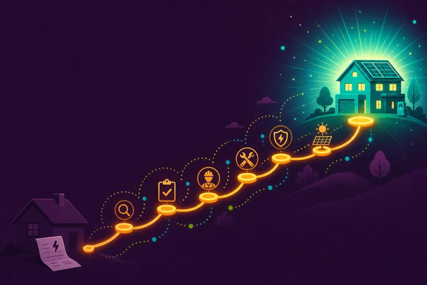 A glowing connected pathway of numbered milestone stages leading from a house and electric bill to a fully powered home