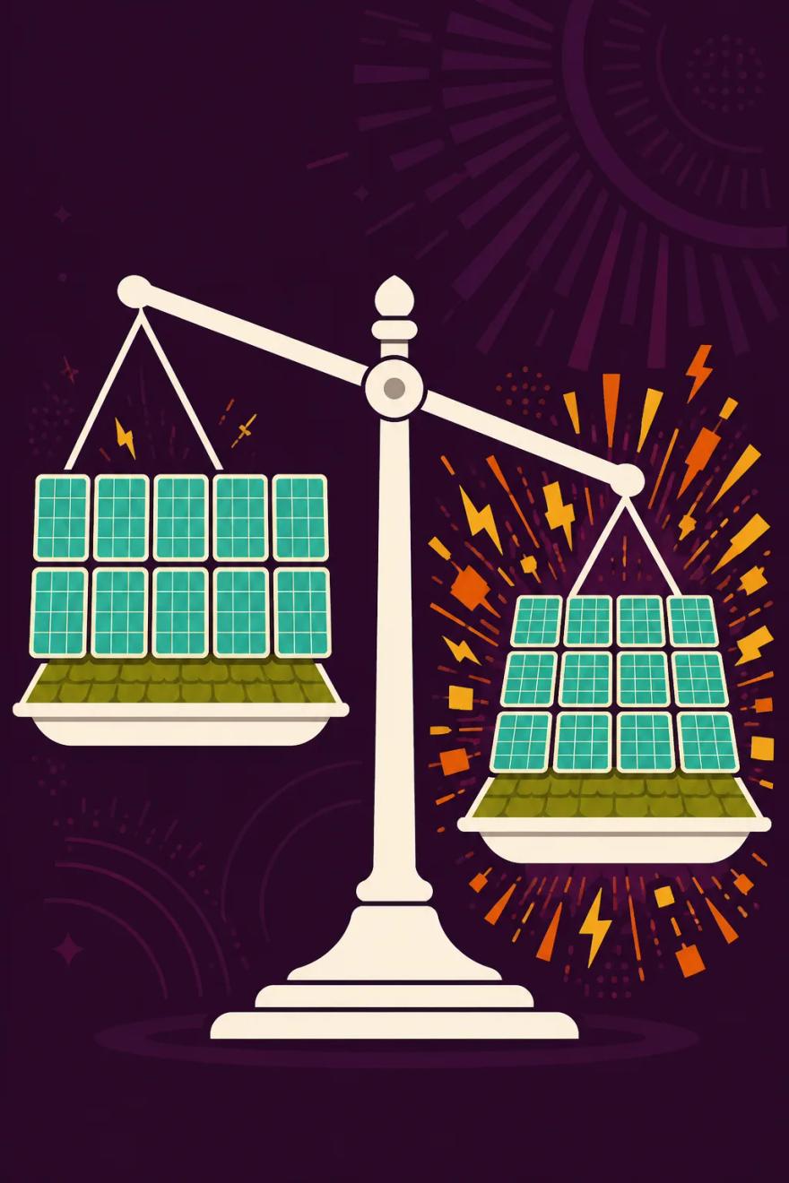 Ten large solar panels on a balance scale against twelve smaller ones, the smaller group tipping it with more total watts
