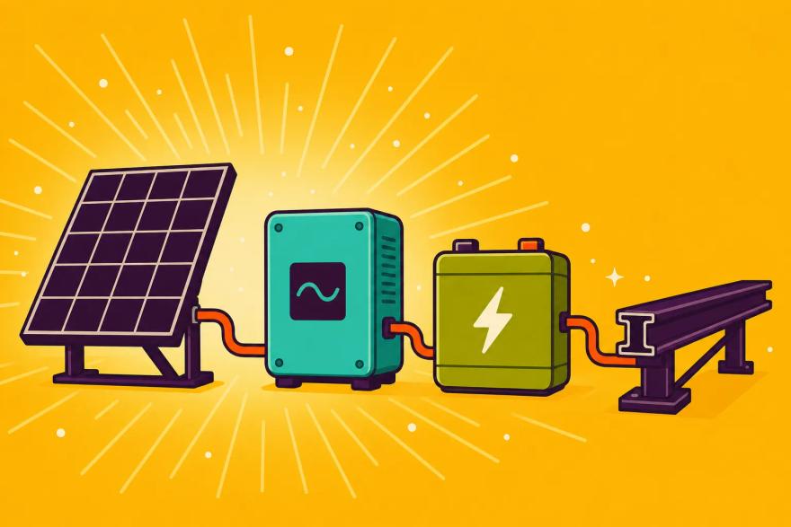 Four core solar components — a panel, inverter, battery, and racking rail — linked together as one connected system