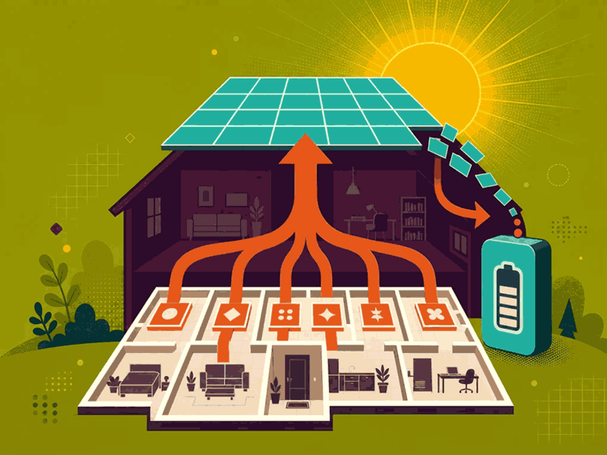 Flat-vector house with a floor-plan grid, climate-zone factor tiles, and arrows building up to a sized rooftop solar array and a battery block