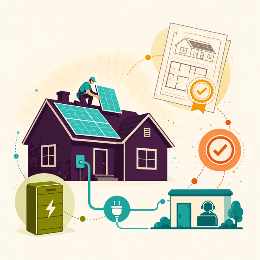 A solar-powered house split into a blueprint design half and a hand-installed panel half joined as one home