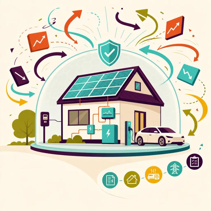 A blueprint of a home solar system holding steady while price arrows swirl harmlessly around it