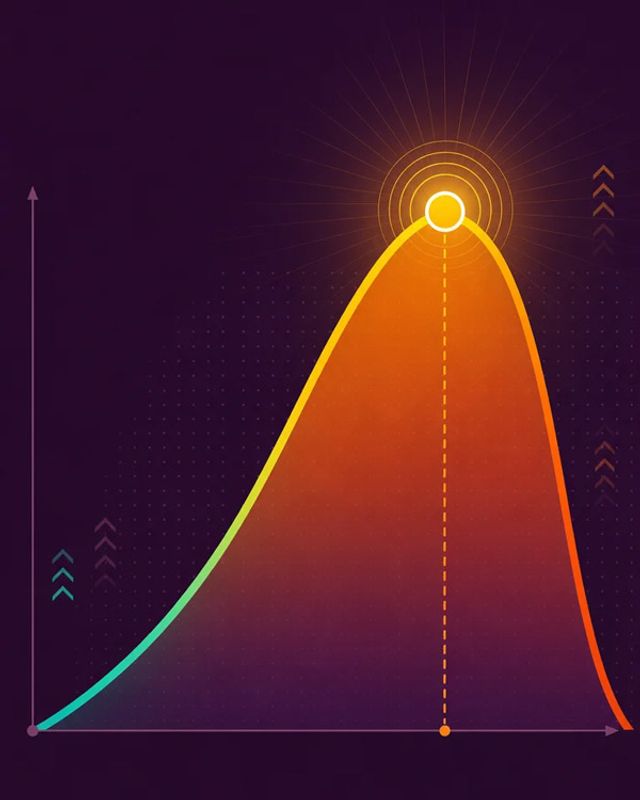 Flat vector graph of a solar panel power curve rising to a glowing peak point at its optimum voltage