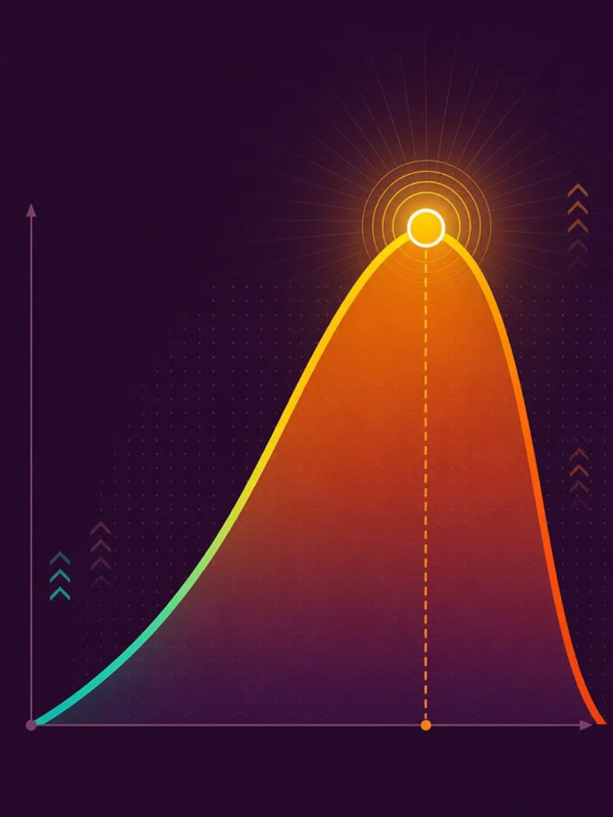 Flat vector graph of a solar panel power curve rising to a glowing peak point at its optimum voltage