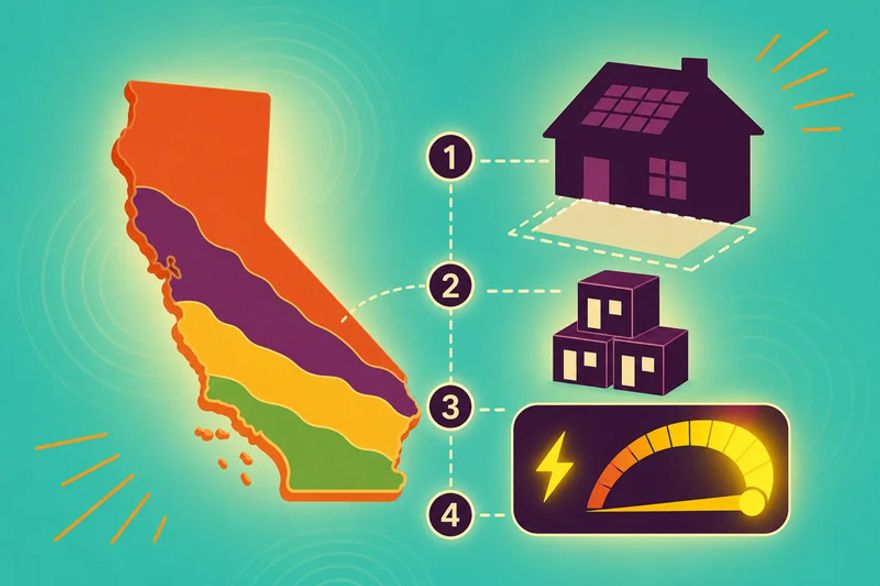 Stylized California map split into climate zones beside a house, floor-area outline, and a rising kilowatt results gauge