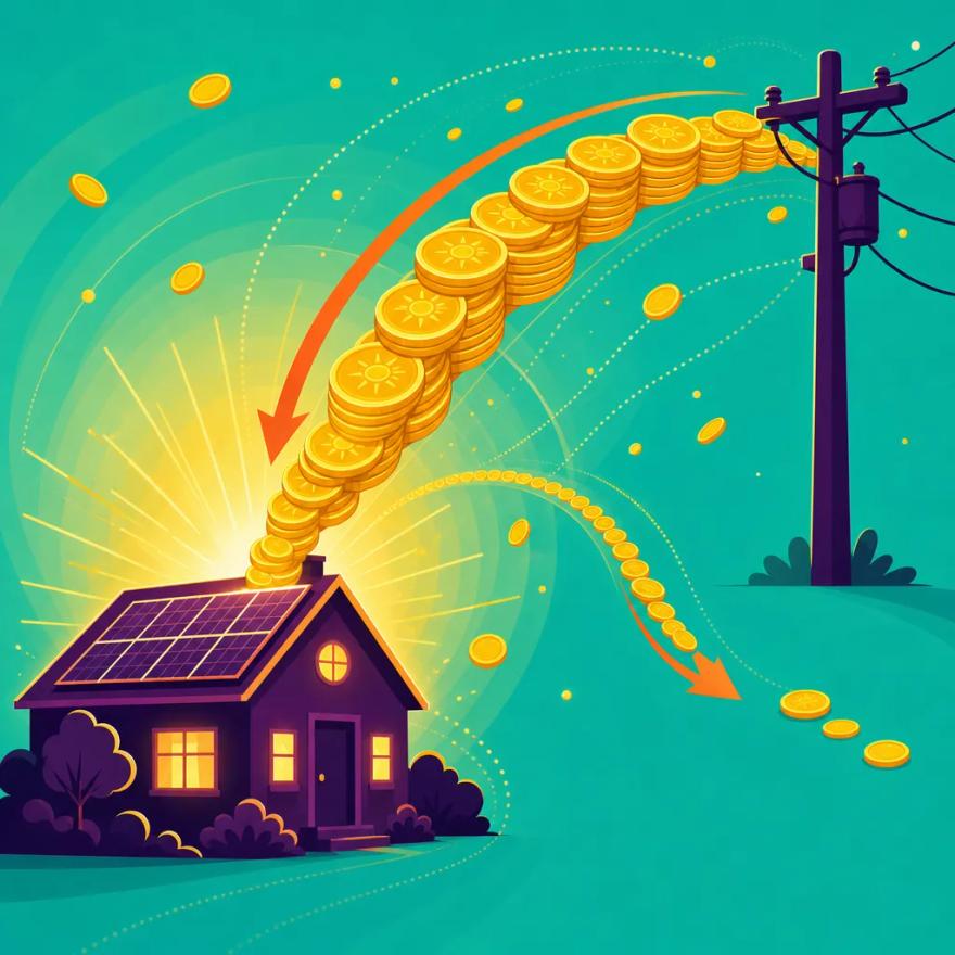 A stream of gold coins flowing into a house instead of draining to a utility pole