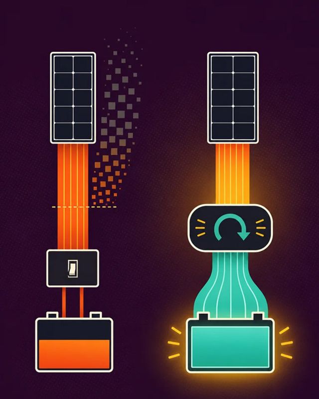 Side-by-side diagram of a PWM controller discarding surplus panel voltage while an MPPT controller converts it into extra current
