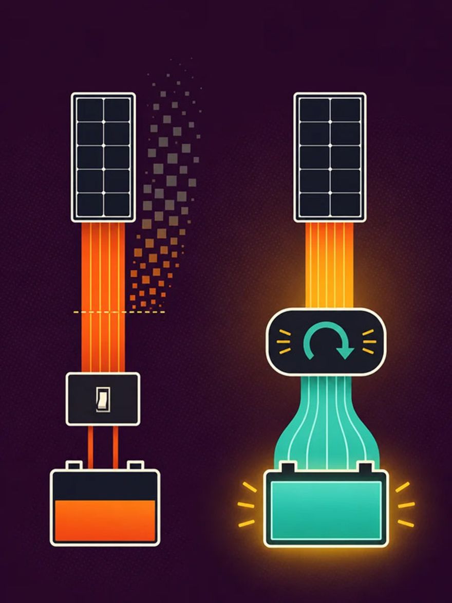 Side-by-side diagram of a PWM controller discarding surplus panel voltage while an MPPT controller converts it into extra current