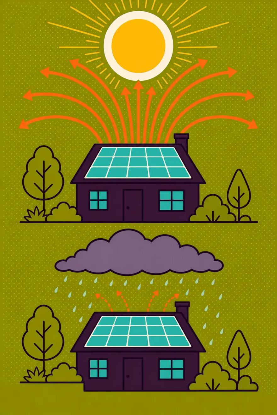 Two identical solar-powered houses, one beneath bright sun and one beneath clouds, generating very different amounts of energy
