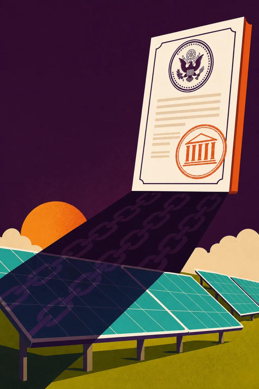 Flat-vector illustration of A stamped federal policy document casting a long shadow across a row of solar panels
