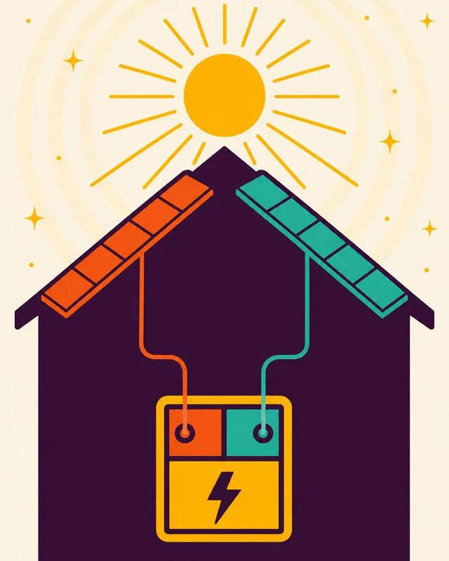 Flat vector diagram of a gable roof with east and west solar strings feeding a dual-tracker string inverter