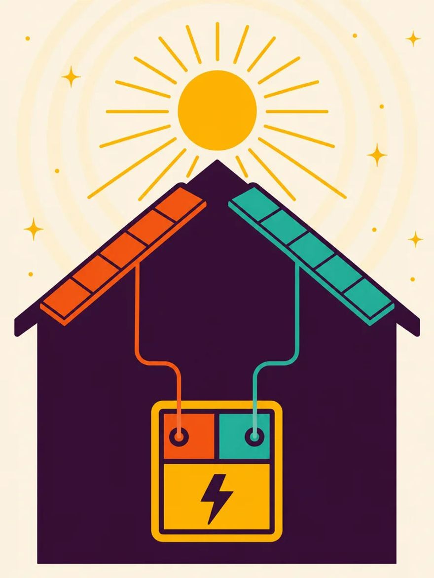 Flat vector diagram of a gable roof with east and west solar strings feeding a dual-tracker string inverter