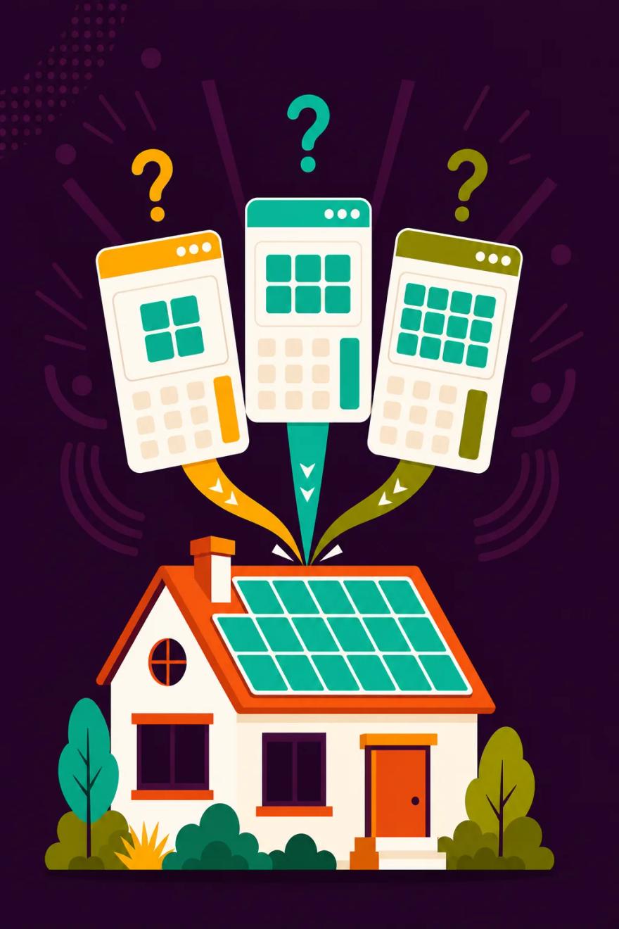 Three different solar calculators each displaying a different panel count over the same house, question marks hovering above