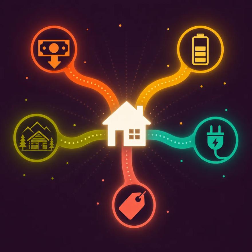 A single home with five bold colored routes forking outward to five distinct solar goal destinations