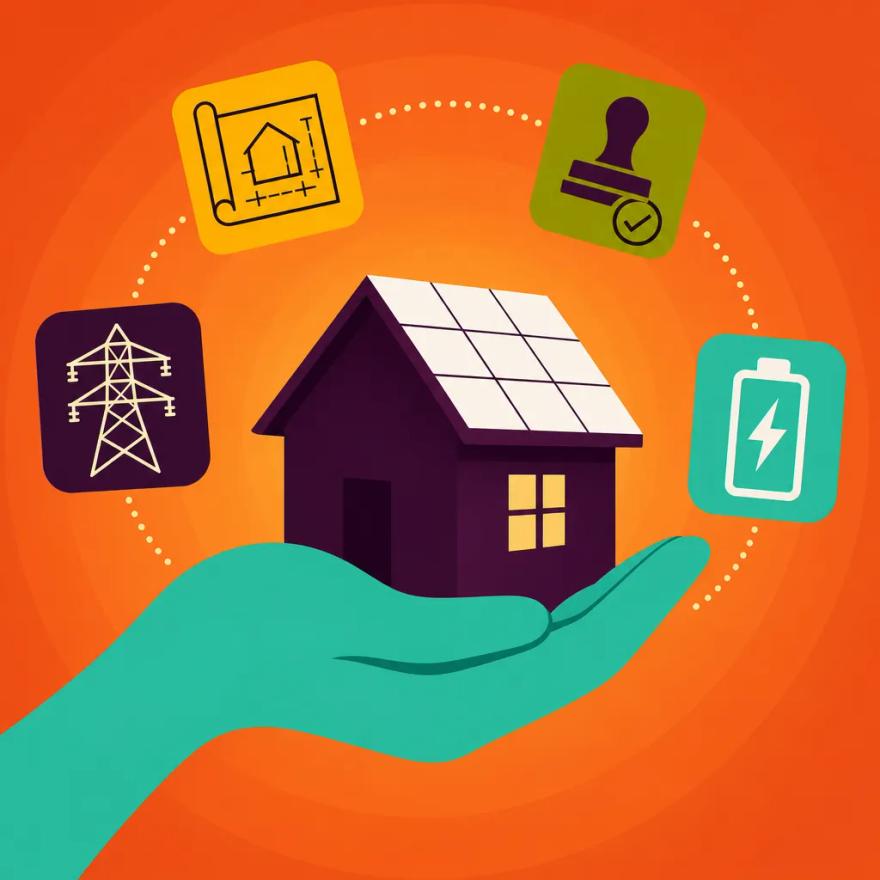A large open hand cradling a solar-paneled house ringed by four small support icons for design, permits, utility and battery