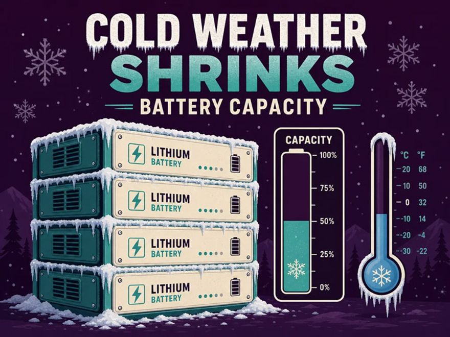 A frost-covered stacked lithium battery bank beside a partly filled capacity bar with snowflakes and a thermometer