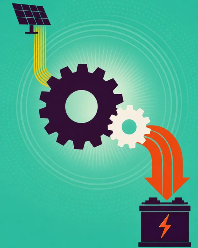 Flat vector gearbox with a large gear driving a smaller one, thin blue voltage flowing in and thick orange current flowing out