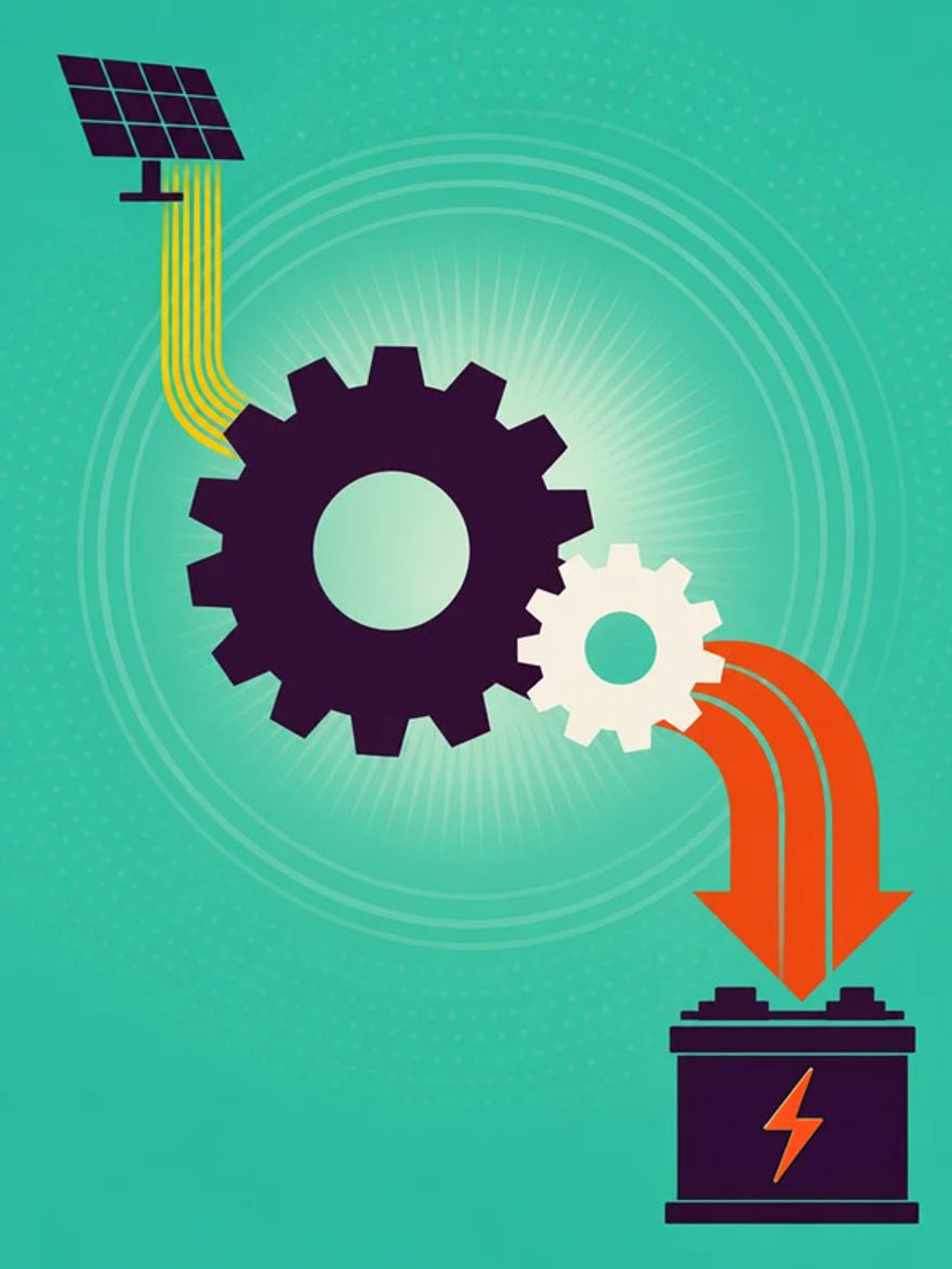 Flat vector gearbox with a large gear driving a smaller one, thin blue voltage flowing in and thick orange current flowing out