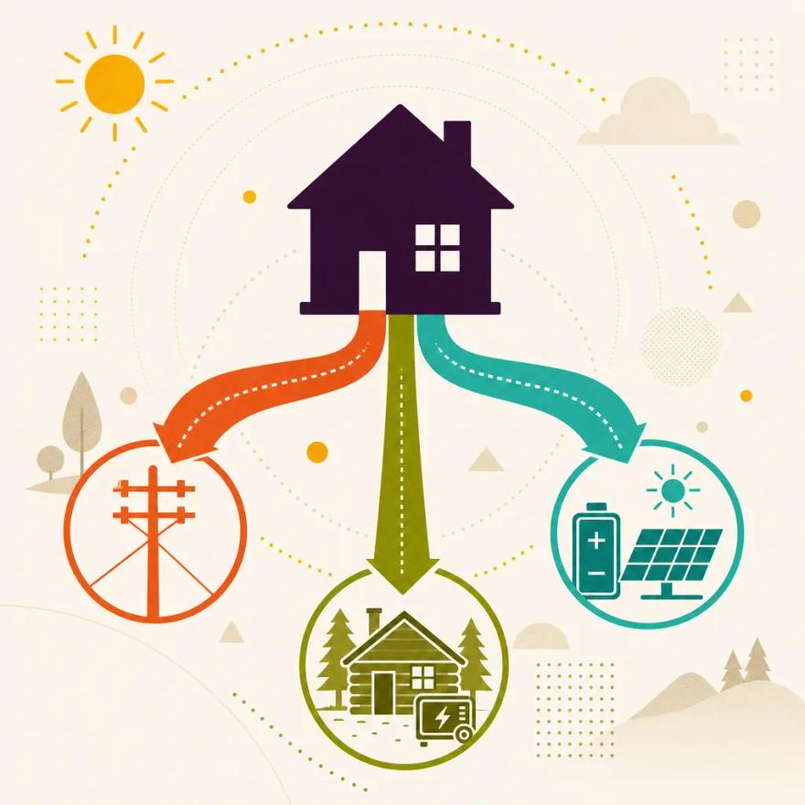 A single house with three colored routes forking out to grid-tied, battery-backup, and off-grid system icons