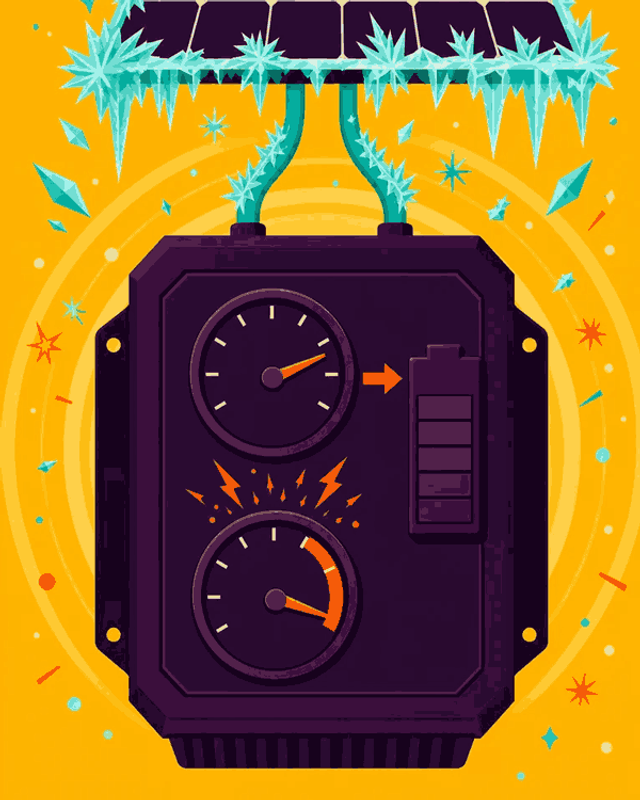 Flat vector charge controller with an amps gauge to a battery and a frost-driven voltage needle pushing past its red limit