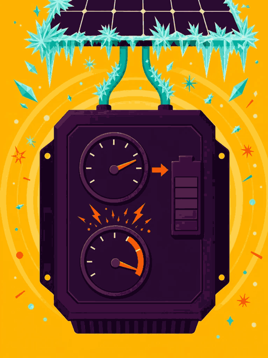 Flat vector charge controller with an amps gauge to a battery and a frost-driven voltage needle pushing past its red limit