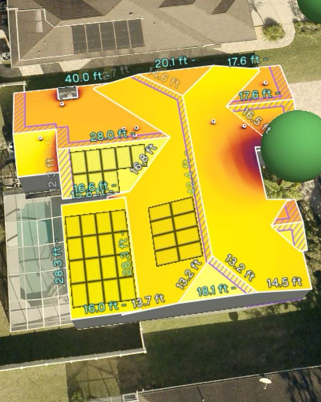 Professional solar roof design showing irradiance mapping, shade analysis, sun-hour and weather pattern analysis, roof pitch, slope angles, measurements, and proposed solar panel placement.