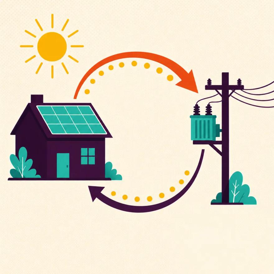 A solar-roofed house and a utility power pole linked by two looping arrows exchanging energy back and forth