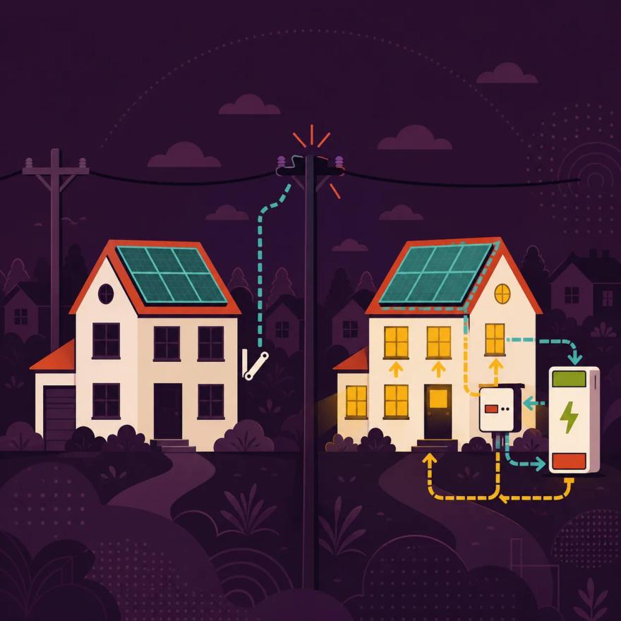 A grid-tied solar home dark during a neighborhood power outage, a separate battery-backed home still lit