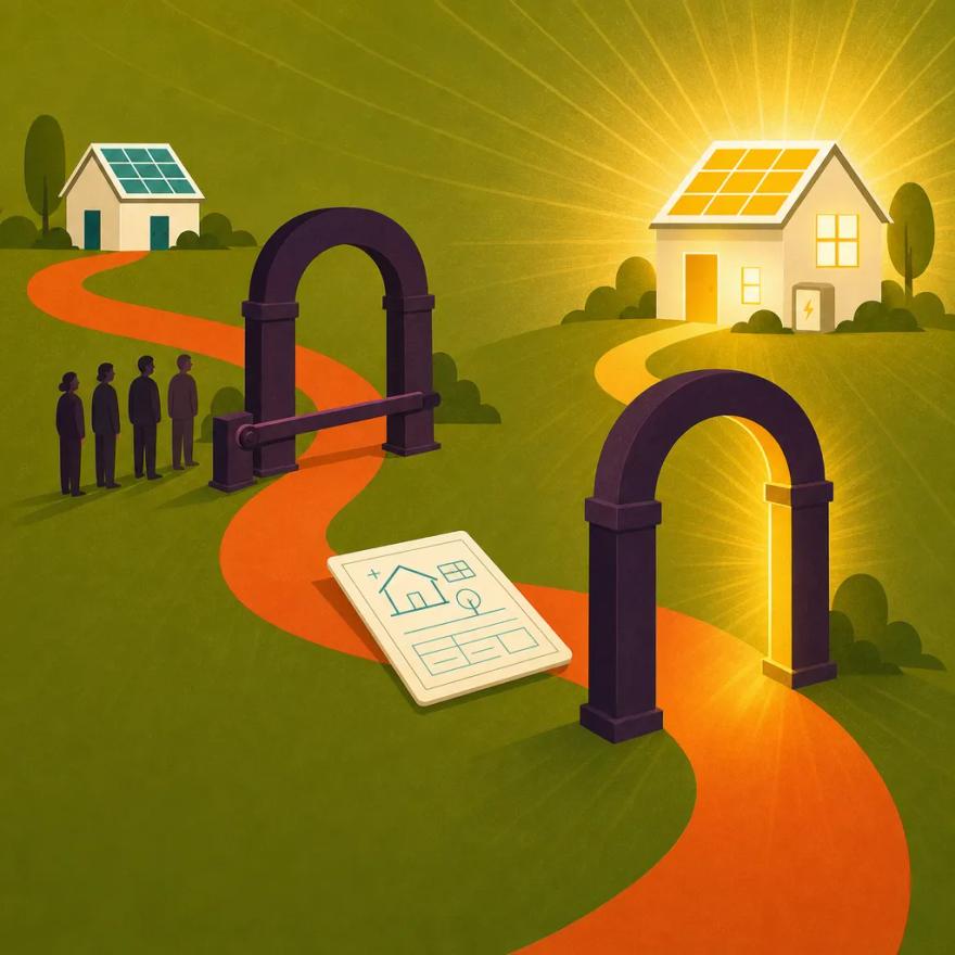 A solar plan-set traveling a winding path through two checkpoint gateways from a house to a fully powered home