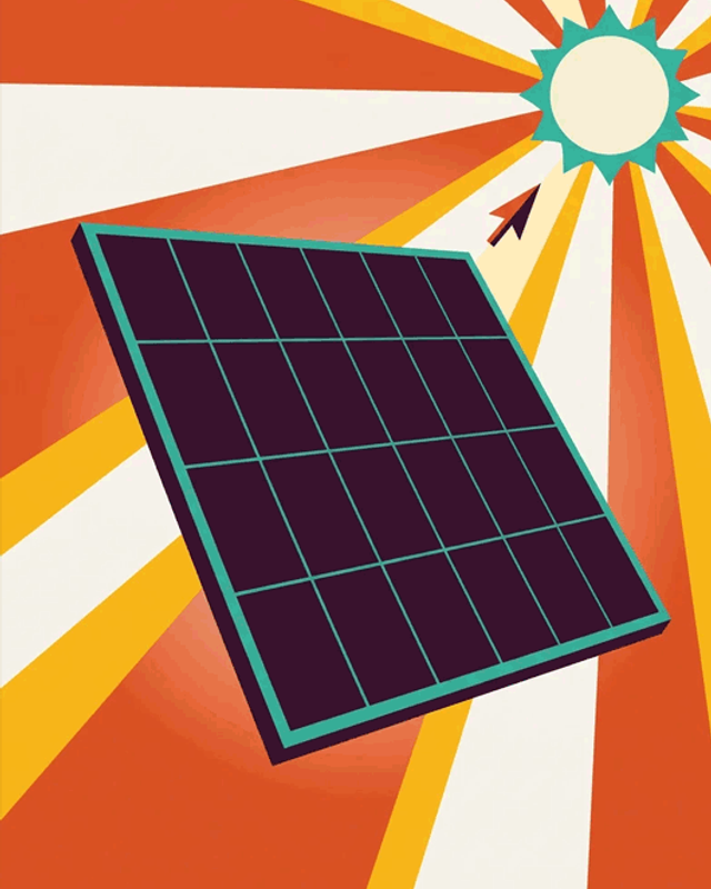 A single solar panel tilted toward a radiant sun with light beams sweeping across the frame