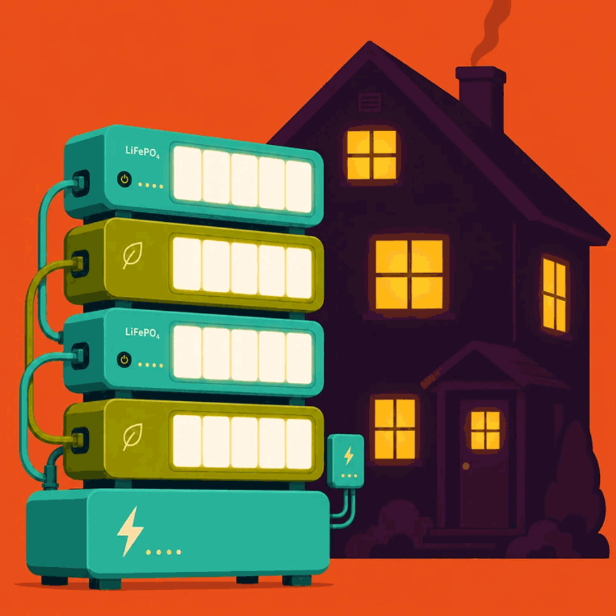 Flat-vector house connected to a stacked lithium battery bank with glowing energy filling the modules