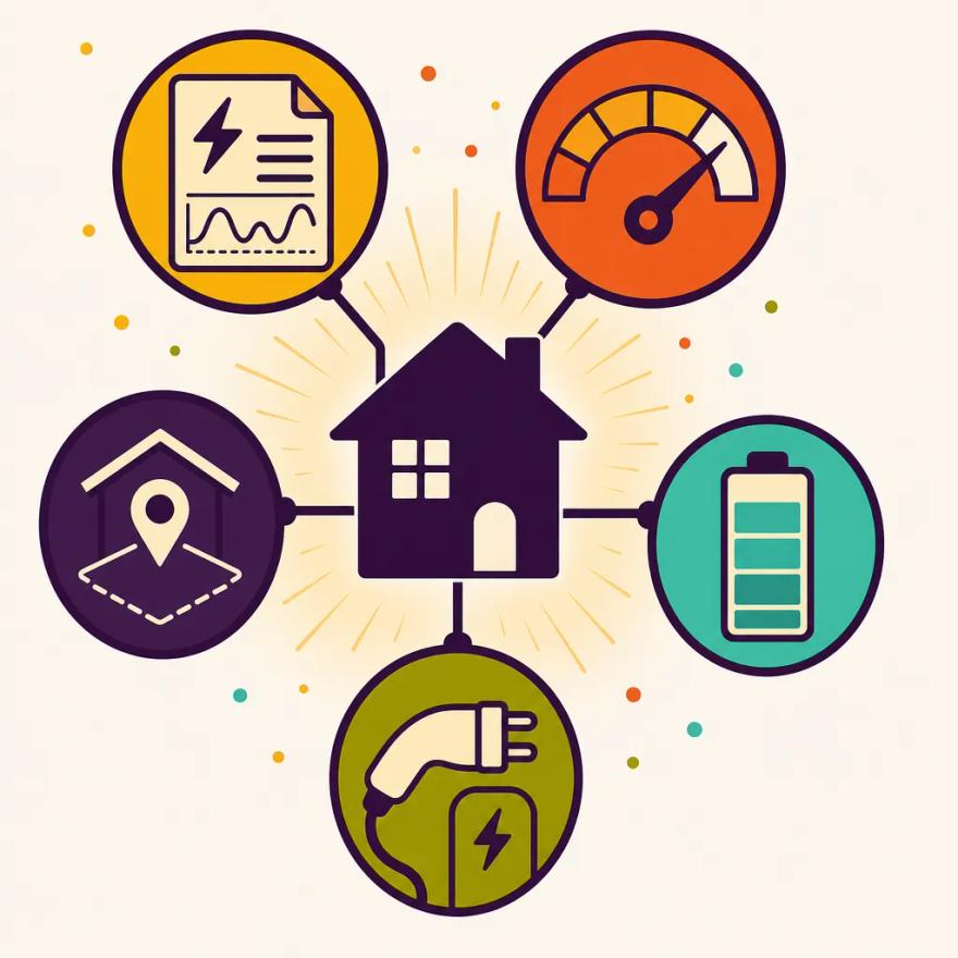 Five colored inputs — an electric bill, a goal gauge, a house, a battery and a future-load plug — flowing into a central home ready to be priced