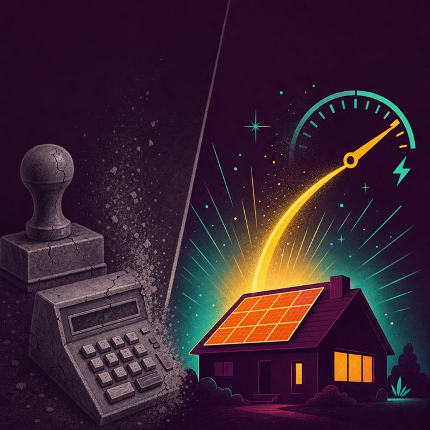 A faded crossed-out old rebate stamp on one side and a glowing modern house with solar panels and a sizing arc on the other