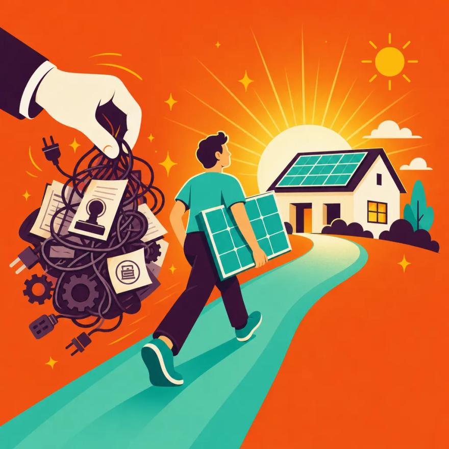 A homeowner carries a solar panel along a clear path while a helping hand lifts away a tangle of permits and paperwork