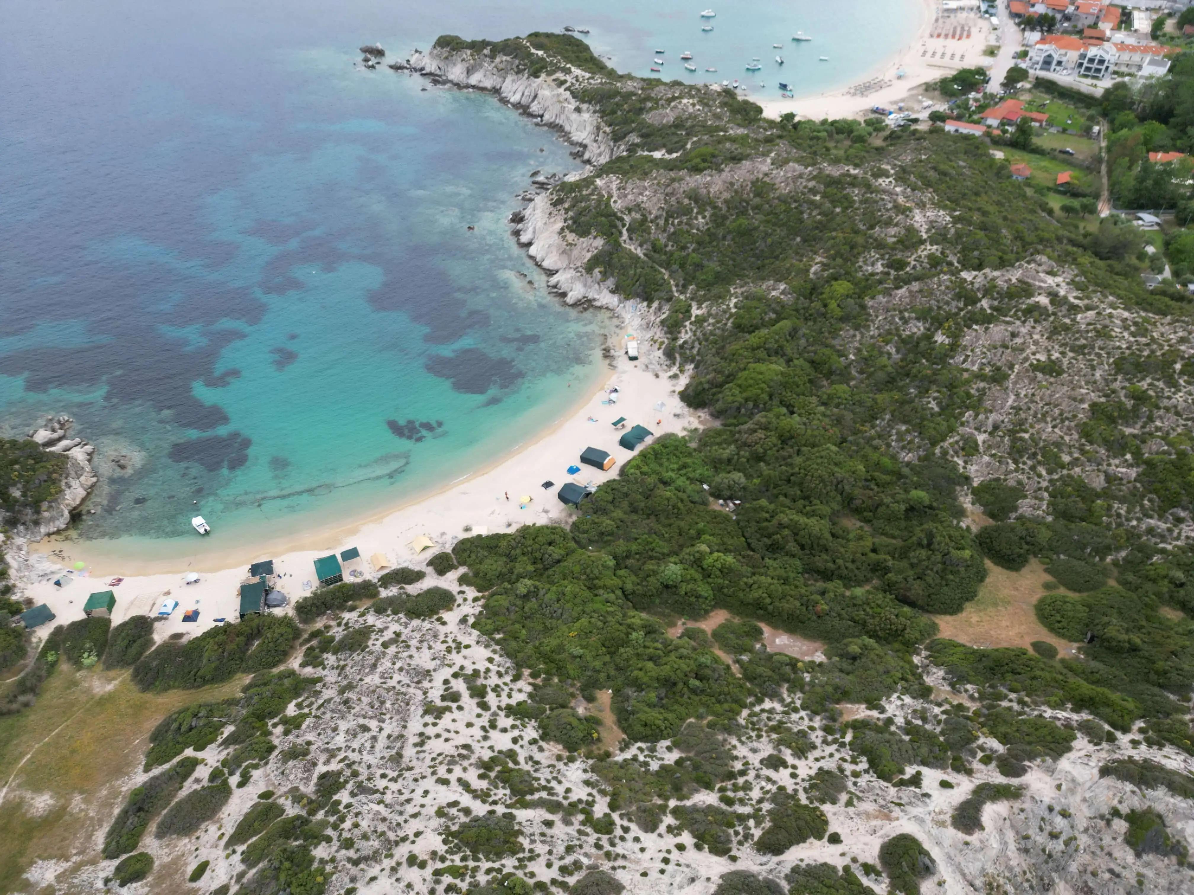 Aerial views of paradise at Kalamitsi nude beach