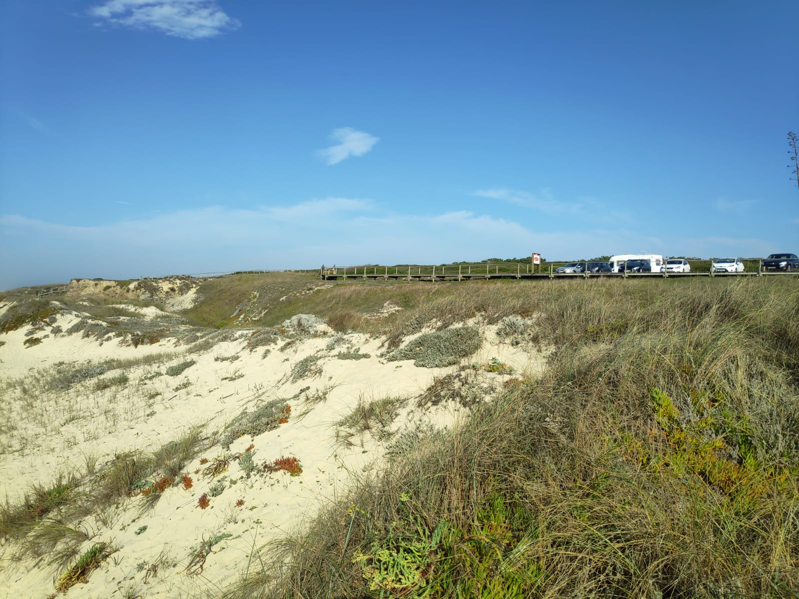 The dirt car park is right above the beach at Praia das Pedras Negras