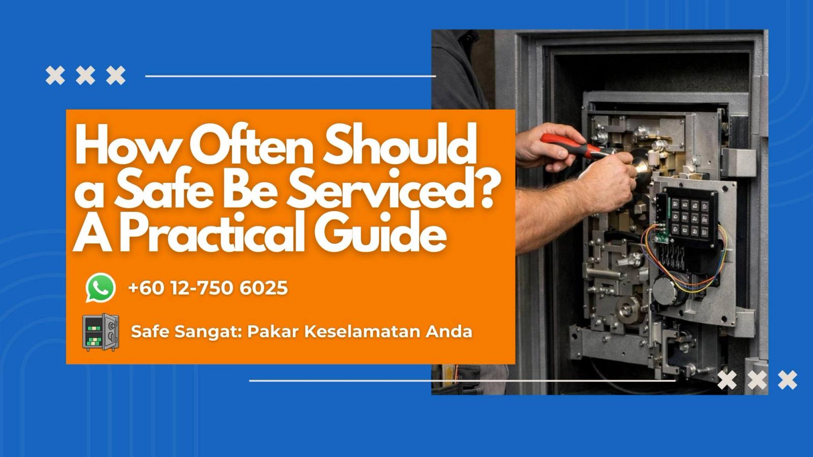 Technician inspecting the lock and door mechanism of a safe during servicing