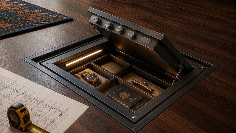 Recessed steel floor safe open beneath a timber floor in a modern tropical home