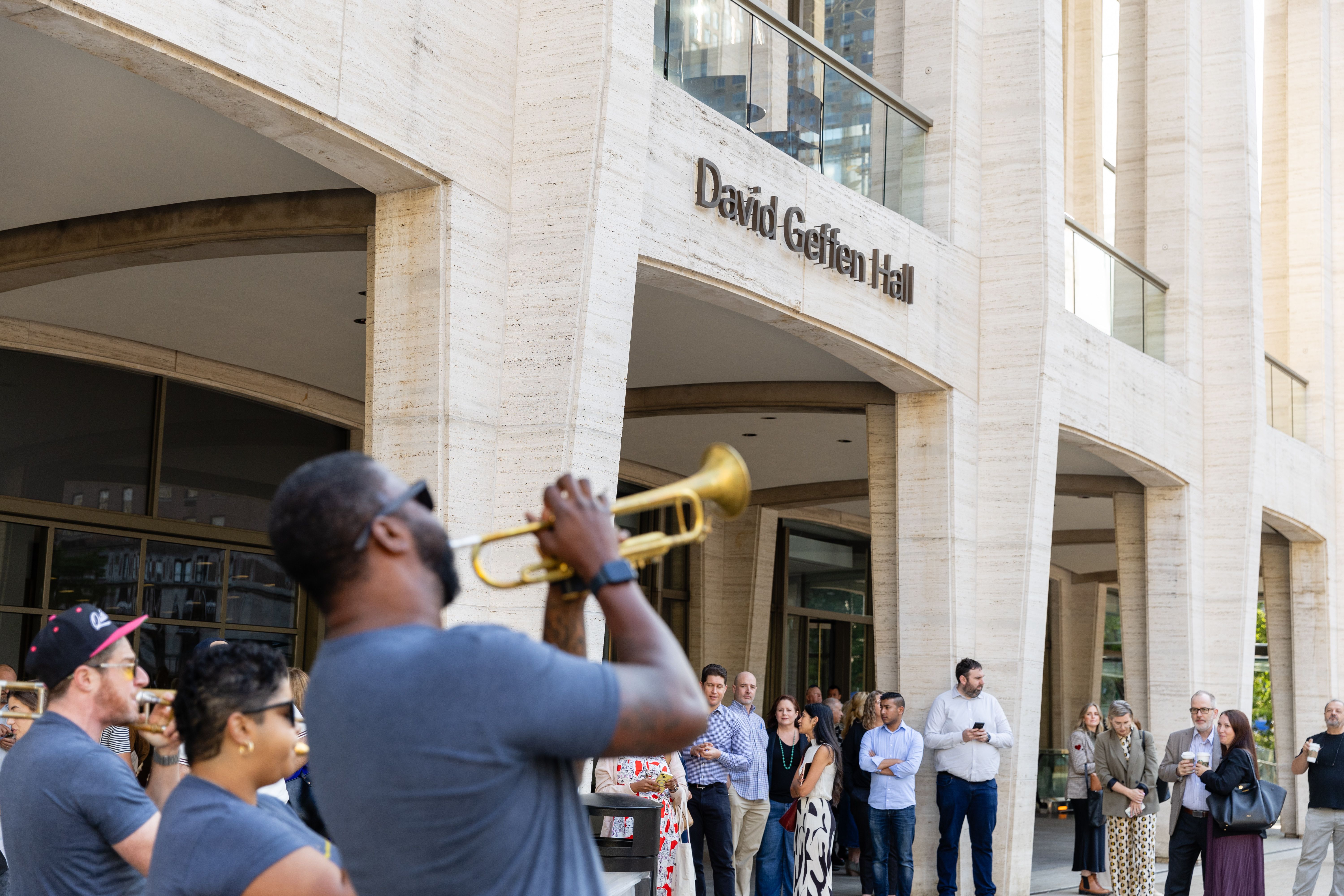 Band playing outside David Geffen Hall at Welcome